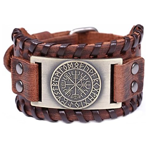 TEAMER Norse Vikings Runes Amulet Leather Bracelet Icelandic Vegvisir Symbol for Luck and Blessings(Antique Bronze,Brown) Cover