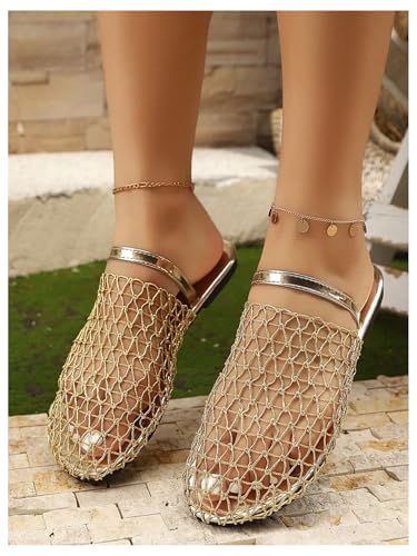 GORGLITTER Women's Fishnet Mesh Close Toe Flat Sandals Metallic Hollow Out Slip On Slides4