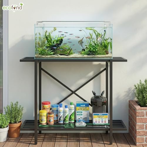 Image of ecofynd 2-Tier Fish Tank Stand, Double-Layer Aquarium Stand with Adjustable Table Feet, Heavy Metal Storage Rack Suitable for Home and Office, (Black, FS-PS049)