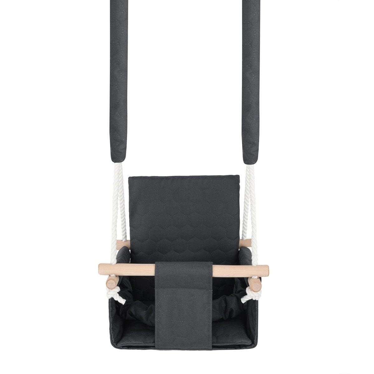 Safe Outdoor Indoor Babyschaukel - Wasserdichter Stoffsitz mit Gurten - Naturholz - 9 Monate - 3 Jahre - Belastung 20 kg - Grau
