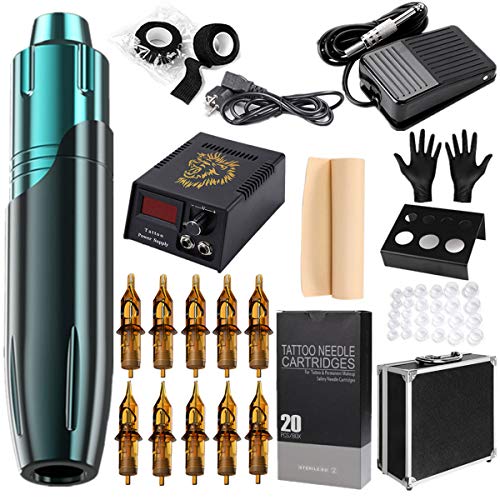 Tattoo Machine Kit, Professional Tattoo Pen Kit, Tattoo Kit with Power Supply Foot Pedal, 20 Pcs Tattoo Needle Cartridges, 2 Tattoo Grip Cohesive Bandage for Tattoo Artists