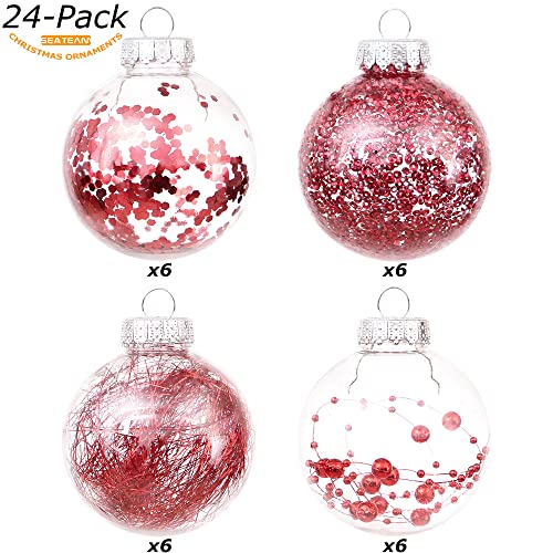 Sea Team Shatterproof Clear Plastic Christmas Ball Ornaments Decorative Xmas Balls Baubles Set With Stuffed Delicate Decorations (70Mm/2.76 Inch 24-Pack, Red) #TOP1