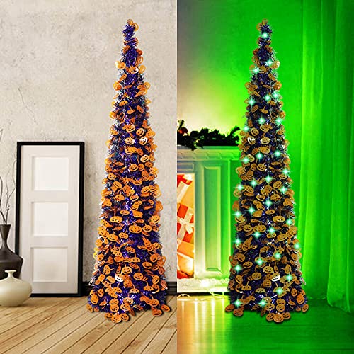 Halloween Pumpkin Tree With 50 Lights,5Ft Pop Up Purple Pencil Collapsible Tinsel Halloween Christmas Trees Decorations Indoor For Home Door Porch Bedroom Decor Holiday Party,Wokeise #TOP1