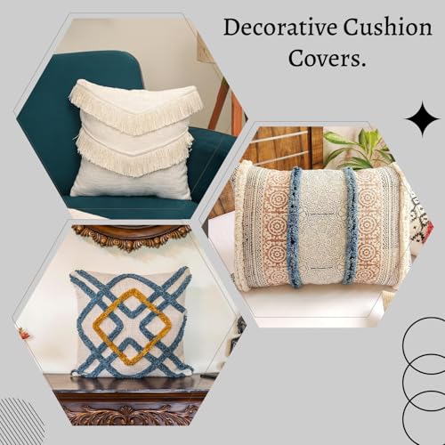 Image of Cotton Cushion Covers 18 inch x 18 inch | Boho Shaggy Square Decorative Cushion Cover for Bedroom | Hand Made Boho Throw Pillow Cover for Sofa (Set of 1, 18 * 18)