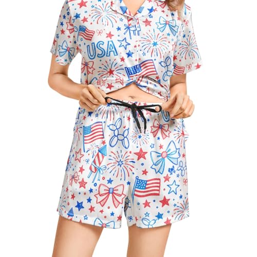 Image of Funny Pajamas for Women Set Print Satin Loungewear Pjs Short Sleeve Button Down Top and Shorts Sets Sleepwear XS-3XL