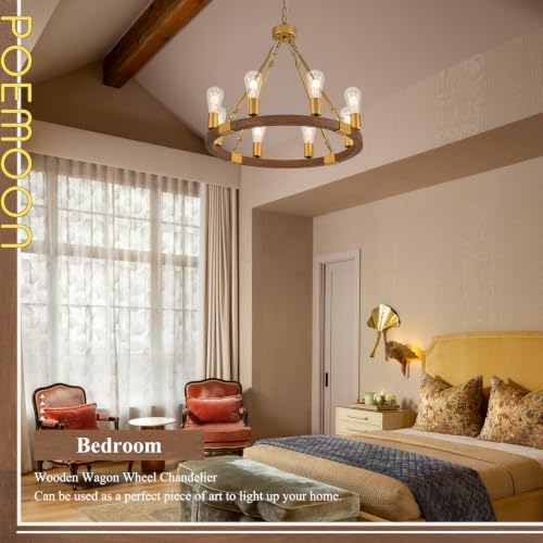 Image of Gold Wooden Wagon Wheel Chandelier 8-Light 23.6 inch Light Fixture
