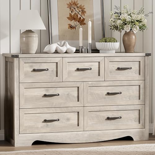 Image of Dresser for Bedroom with 7 Drawers, 58 inch Wide Wood Chest of Drawers with Deep Drawers & Mental Handle, Modern Dresser TV Stand, Wooden Closet Storage Organizer for Living Room, Hallway, Entryway, Grey