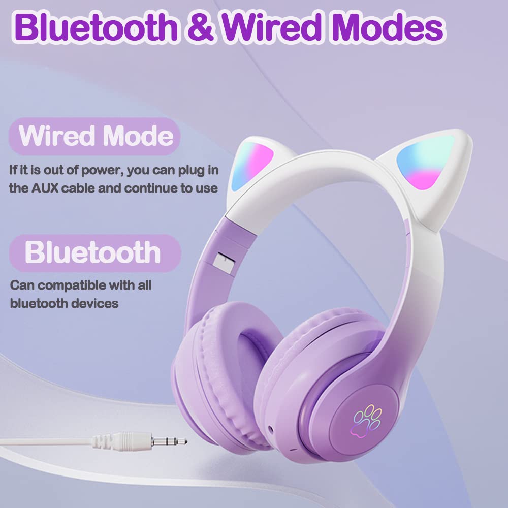 Auriculares inalámbricos Bluetooth con micrófono para niños, adolescentes y adultos (Pro-Morado) | Auriculares con orejas de gato para niñas, adolescentes y adultos