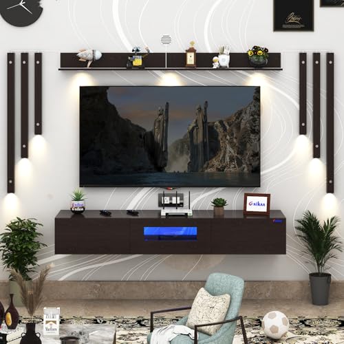 Image of Anikaa LucenNote Engineered Wood Wall Mount TV Unit with Acrylic Blue LED Storage Box, Wooden Accent Spotlight Panels for Living Room, Fits Up to 50 Inch TV, Wenge DIY Installation