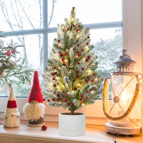 24 Inch Pre-lit Table Top Christmas Tree with Lights, Artificial Small Green Christmas Tree with Cement Basin Base, Miniature Pine Christmas Trees for Table Office Dorm Desk Decorations
