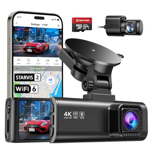REDTIGER Dashcam Auto prednja straga 4K/2.5K sa STARVIS 2, Dash Cam auto kamera 3.18' IPS zaslon, besplatna kartica od 128GB, 5.8GHz WiFi, GPS, 170° širokokutni WDR, podržava maksimalno 512GB (F7NP)