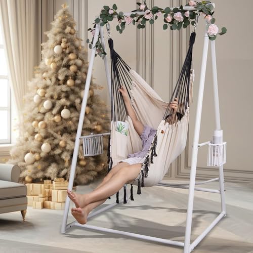 Hammock Chair Hanging Rope Swing & Stand Set with Two