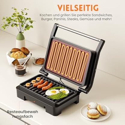 Kontaktgrill, Steak und als Panini Grill, Elektrogrill/Sandwichtoaster, Brotmaschine, Edelstahl Tischgrill mit Grill, Brotbackform, Antihaft-Beschichtung (Grau) – Bild 3