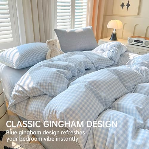 Image of BOLINLIVING Gingham Duvet Cover Full Size, 3PCS Light Blue White Checkered Plaid Duvet Cover Set, Microfiber Bedding Set for All Season with Zipper Closure and Corner Ties