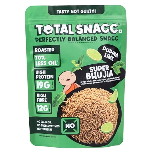 Image of TOTAL SNACC Roasted Bhujia Pudina Lime 250g | High Protein 19g, High Fibre 12g | 70% Less Oil | No Palm Oil | Baked Bhujiya | Healthy Namkeen | High Protein Snacks | Diabetic Friendly | Millet Bhujia | Low Calorie