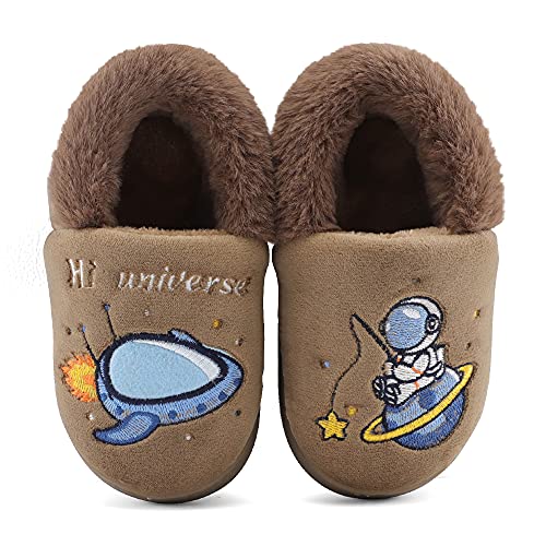 Estamico Boys Girls House Slippers Toddler Warm Fluffy Cute Cartoon Astronaut Winter Home Shoes, Brown 5-6 Toddler #TOP1