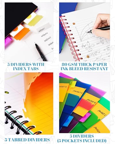 Image of 5-Subject Spiral Notebook, College Ruled, with Pocket & Tab Dividers | 300 Pages, 11 inch Ruler, 8.5 inchx11 inch Black, Pocket Dividers with Tab Labels, for Writing Journal, Home, Office & School Supplies