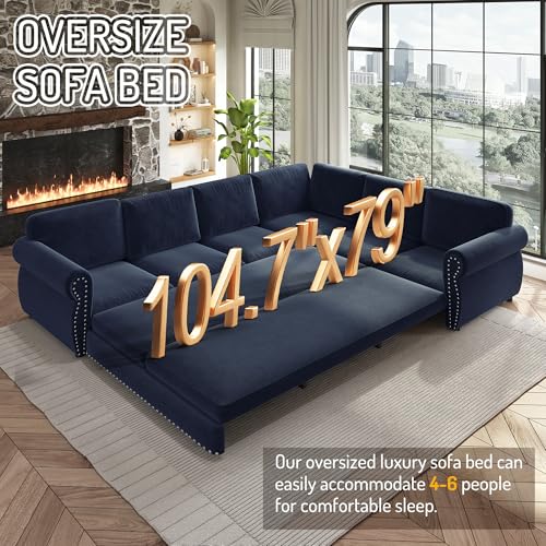 Image of KEIKI 118 inch Chesterfield Sleeper Sofa, Chenille Sectional Couch, Blue | L Shaped, Pull Out Bed Design, Nailhead Trim Detail, Rolled Armrest, 6 Seat Seating, Living Room Guest Room Use