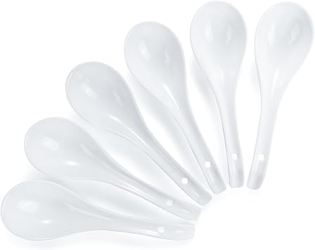 Asian Ceramic Spoons Set of 6-6.8 Inch White Chinese Soup Spoons for Ramen, Pho, Noodles, Cereal & Stew, Deep Oval Hook Non-Slip Design, Dishwasher & Microwave Safe, Oven Safe