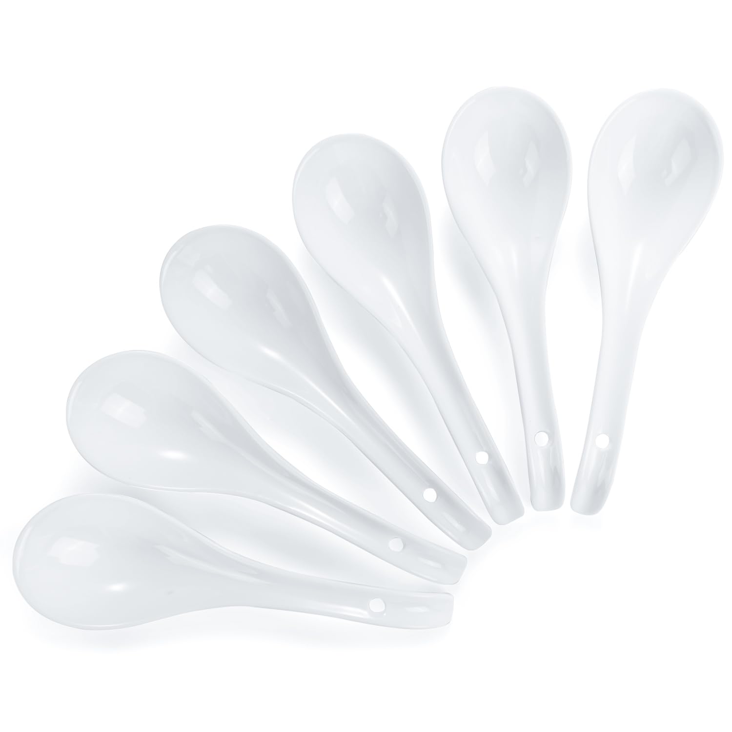 Asian Ceramic Spoons Set of 6-6.8 Inch White Chinese Soup Spoons for Ramen, Pho, Noodles, Cereal & Stew, Deep Oval Hook Non-Slip Design, Dishwasher &