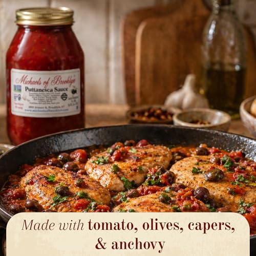 Image of Michael's of Brooklyn Puttanesca Sauce, 32 oz (Pack of 1) - Italian Pasta Sauce, Imported Tomatoes, Olive Oil, Olives, Capers, Anchovies, Fresh Garlic & Basil - Gluten Free, Non-GMO, No Added Sugar