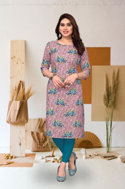 Image of JAKHANA Women's Crepe Printed Casual Straight Calf Length Round Nick Kurta Pack of 4