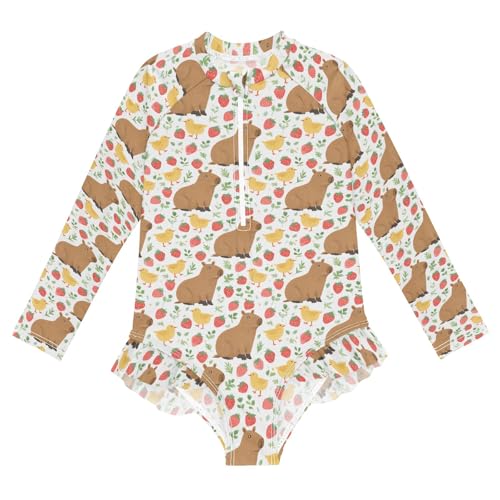 Capybara Strawberries Pattern Girls Long Sleeve Swimsuit Rash Guard One Piece Bathing Suits Zipper 3-12T