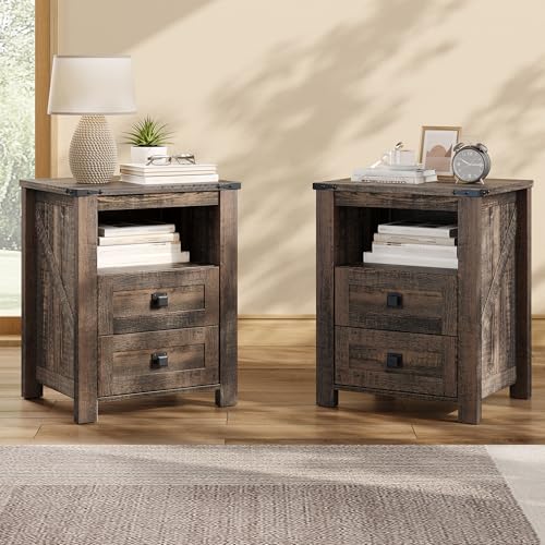 AMERLIFE 18' Farmhouse Nightstand Set of 2, Wooden Bedside Table with 2 Drawers & Open Shelf, Rustic End Table for Bedroom/Living Room, Black Oak