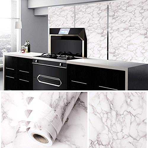 Image of FOKRIM White Marble Wallpaper (200x60CM)(White) Self Adhesive Wall Stickers Oil-Proof Waterproof Peel & Stick Contact Wallpaper for Kitchen Living Room Office Table Home Decor Furniture Workshop
