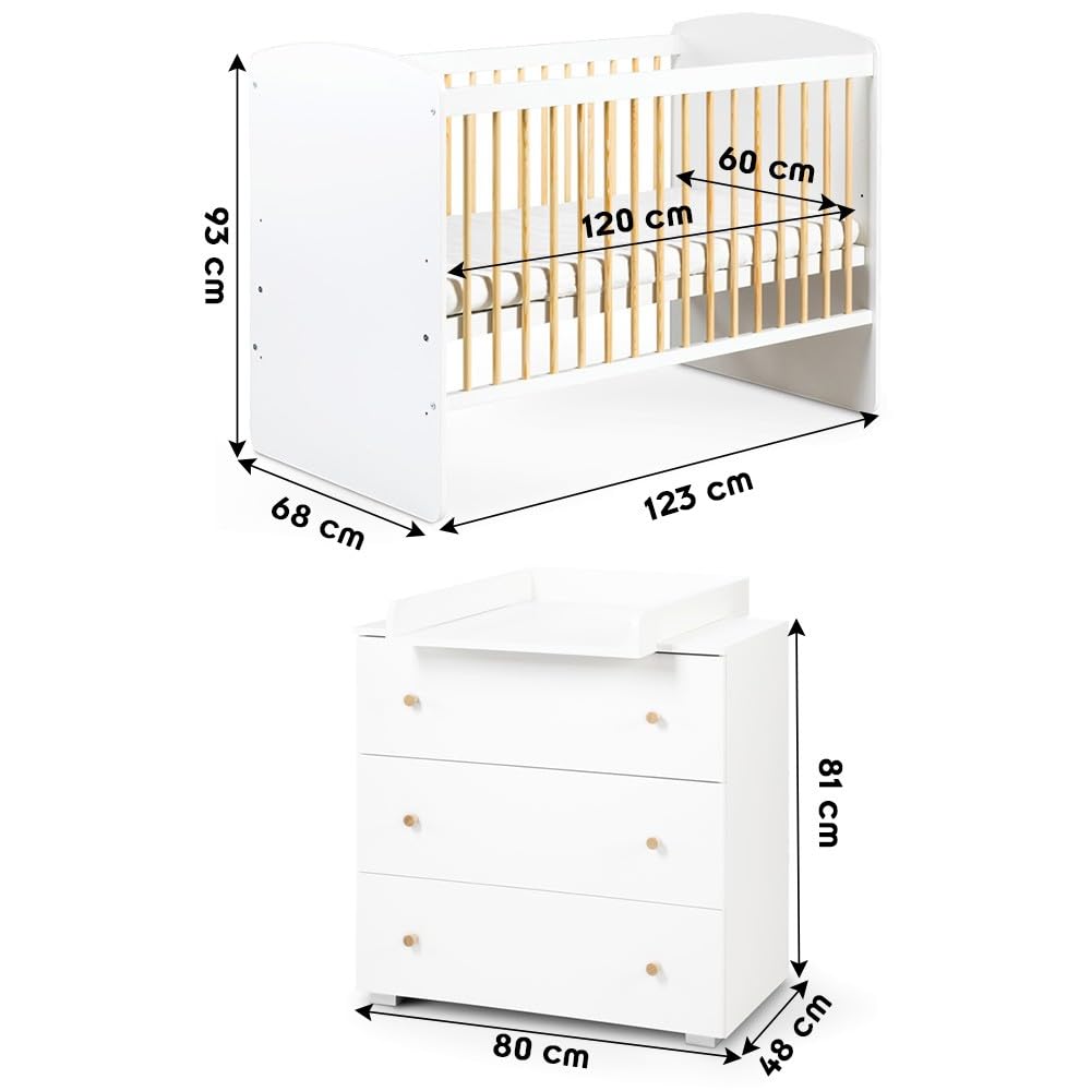 Mon Mobilier Design Karolina II Ensemble lit bébé 120x60 et Commode à Langer 3 tiroirs Blanc