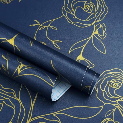 Image of Blue and Gold Rose Wallpaper - Self Adhesive Peel and Stick Floral Wall Stickers, Waterproof PVC Vinyl Decorative Paper for Home, Bedroom, Living Room & Furniture (45cm x 300cm)