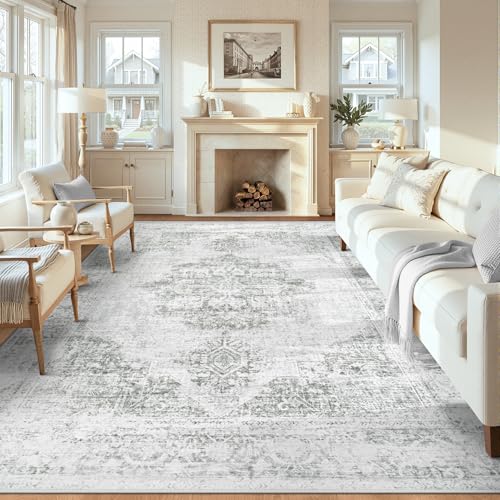 Area Rug 9x12 Washable Rug: Vintage Living Room Rug Medallion Large Rugs Indoor Retro Distressed Carpet for Bedroom Dining Room Nursery Room(Grey, 9'x12')