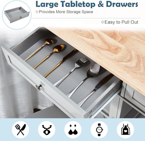 Rolling-Kitchen-Island-Cart-42-Width-Kitchen-Carts-with-Storage-Wood-Tabletop-2-Lockable-Wheels-Towel-Rack-Trolley-Cart-Utility-Glass-Cabinet-Open-Display-Shelf-Grey Rolling Kitchen Island Cart 42 Width Kitchen Carts with Storage Wood Tabletop 2 Lockable Wheels Towel Rack Trolley Cart Utility Glass Cabinet Open Display Shelf Grey