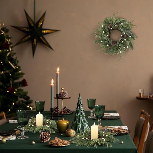 Image of 18 PCS Christmas Wreath Candle Rings Mini Wreath Pine Garland Artificial Frosted Cedar and Pine Cone Candle Rings Holder for Christmas Wedding Home Table Centerpiece Door Window Chair Wall