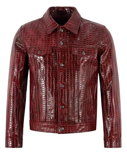 Men's Trucker Classic Western Red Waxed Croc Print Cow Leather Denim Look Jacket 1280