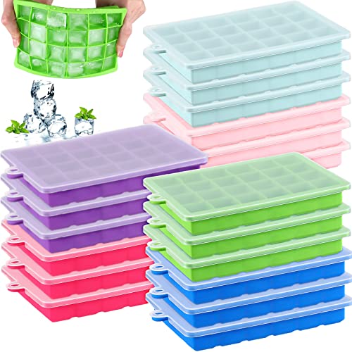 Amyhill 18 Pcs Silicone Ice Cube Trays with Lids 24 Cavity Square Ice Trays Easy Release Stackable Cube Mold for Cocktail Whiskey Beverages