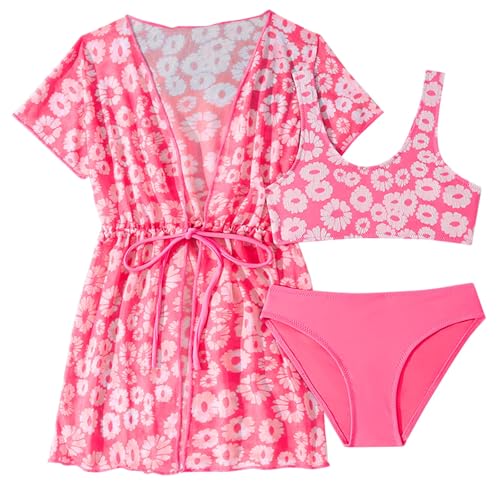 Floral Print Swimsuit for Girls 3 Piece Bikini Bathing Suit & Sun 𝐏rotection Short Sleeve Cover Up Swimwear