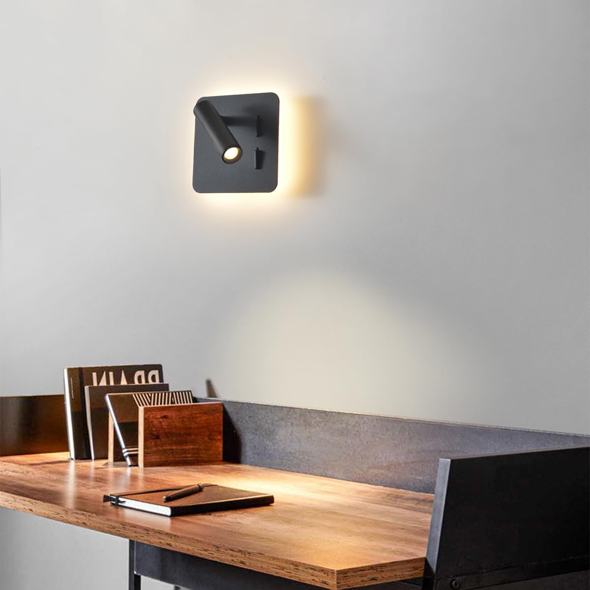 Lámpara de Pared de Lectura, 2 Unidades con Interruptor Negro, Lámpara de Pared Led Moderna Interior de 3W + 8W, Luz de Lectura Giratoria 180°, Sala de Estar, Lámpara de Noche, Luz de Cama 3000K.