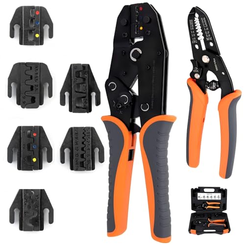 Kit Professionnel 9-en-1 de Pinces à Sertir à Cliquet pour Cosses Électriques,Isolées et Non Isolées,Bornes Nylon,Connecteur Solaires,Embouts,Connecteurs Thermorétractables