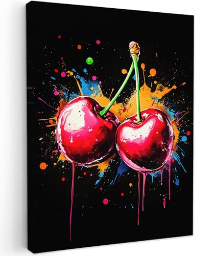 MuchoWow© Impression sur Toile Photo Peinture 50x70 cm Tableau Decoration Murale Chambre Salon Maison Deco Cuisine Cerises - Fruit - Graffiti - Peinture - Abstrait -...