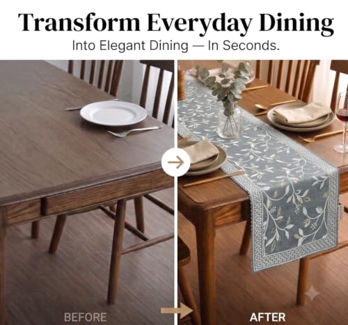 Image of Premium Embroidered Dining Table Runner 6 Seater | Washable Heat Resistant Fabric | Cotton-Silk Blend | Fits 4 & 8 Seater Dining Table | Centre Table Decor | 13 x 72 Inch | Blue-Grey