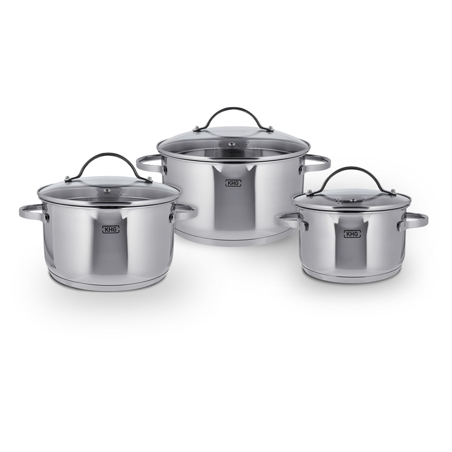 KHG Topfset 3-teilig aus gebürstetem Edelstahl | mit Ausgießlöchern und Innenskalierung | 3 Glasdeckel | Kochgeschirr Set induktionsgeeignet | Rostfrei