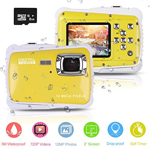 Cámara Impermeable para niños, Digital Mini Cámara con Zoom Digital de 8X / 12MP / 2" TFT LCD/8 GB Micro SD, cámara Infantil Impermeable 3m (Amarillo)