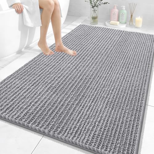 Image of OLANLY Bathroom Rug Mat 59x35, Thick Soft and Absorbent Chenille Bath Mat, Non-Slip Rubber Backing, Machine Washable Quick Dry Bath Rugs for Tub Shower Floor, Home Decor Accessories, Grey