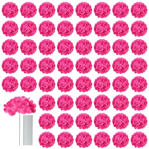 AVIVIHO 65pcs Fake Flowers Hot Pink Hydrangea Artificial Flowers Bulk (Not Squished No Steaming Need) Silk Flowers with Stems for Wedding Decor Home Baby Shower Table Centerpieces Decoration