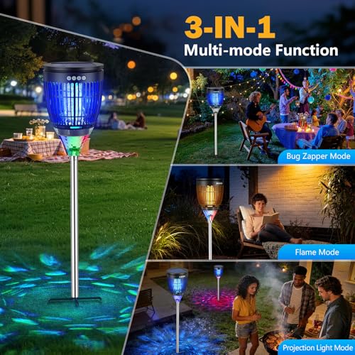 Image of All in 1 Solar Bug Zapper Outdoor, Flame & Projection Mode, Auto /Manual Modes, 4200V Electric Mosquito Killer with High Powered, IPX5 Waterproof Rechargeable Fly Insect Trap for Patio Garden Yard RV