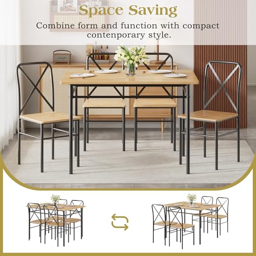 Image of VECELO 5-Piece Dining Table Set for 4, Wood Dinette with Chairs, Natural&Black