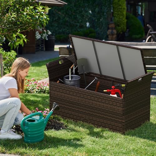 LIFEZEAL Banco de Almacenaje de Rattan PE, Reposapiés de Sofá, con Cojín Desmontable y Asas Laterales, Baúl de Almacenaje Exterior, Taburete para Piscina, Terraza, Patio, Jardín - imagen 2