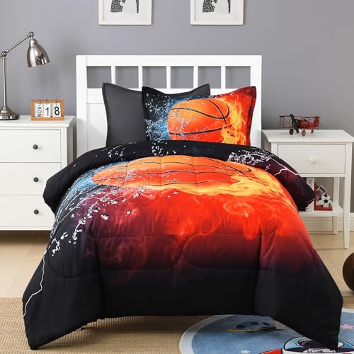 Image of Andency 3D Basketball Comforter Twin(66x90 Inch), 2 Pieces(1 Basketball Comforter, 1 Pillowcase) Sport Polyester Bedding Set for Kids Boys Teens