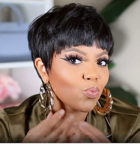 Divine Hair Short Pixie Cut Wigs with Bangs short black haircut wigs for women short mushroom cut wigs short black pixie cut black wigs (Black3)